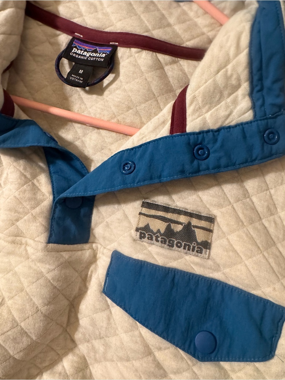 Patagonia Quilted Pullover in Cream with Blue Trim